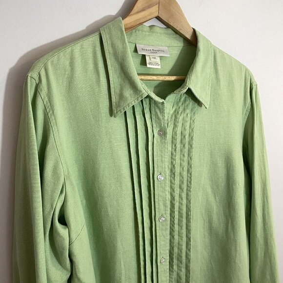 Susan Bristol 100% Linen Button Up Shirt Womens 12 L Green Blouse Mature EUC - Picture 2 of 13